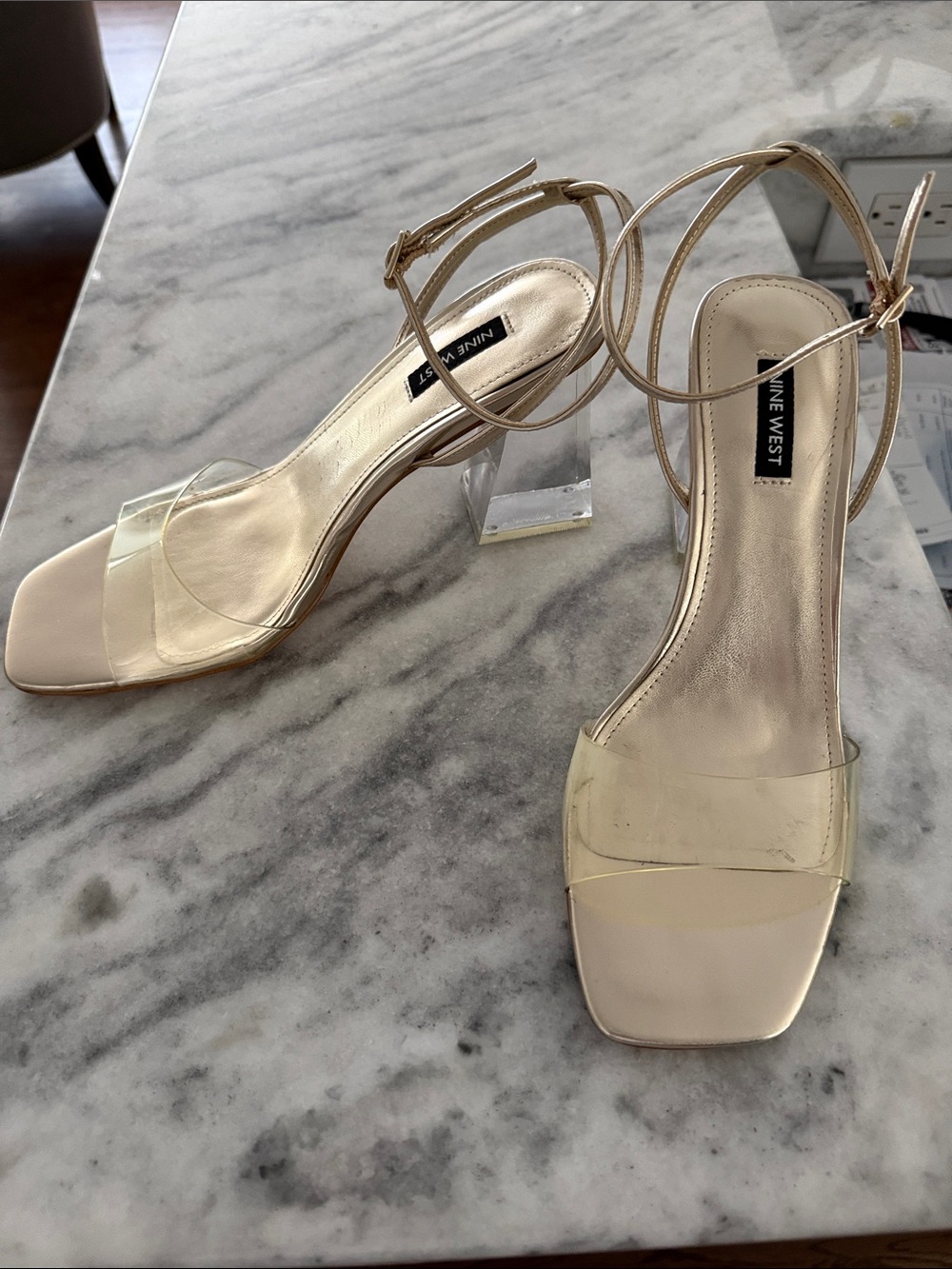 Nine West Metallic Gold Ankle-Strap Heels with Clear Toe Strap